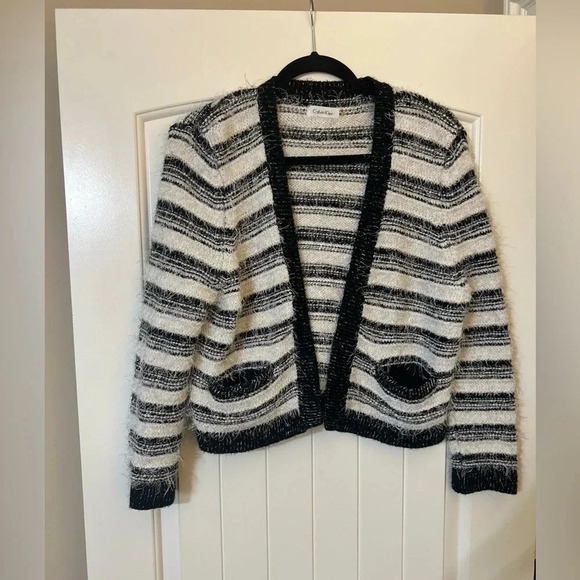 Coquette Girl Calvin Klein Black/White Stripe Textured Cardigan. Old Money. - Picture 1 of 7